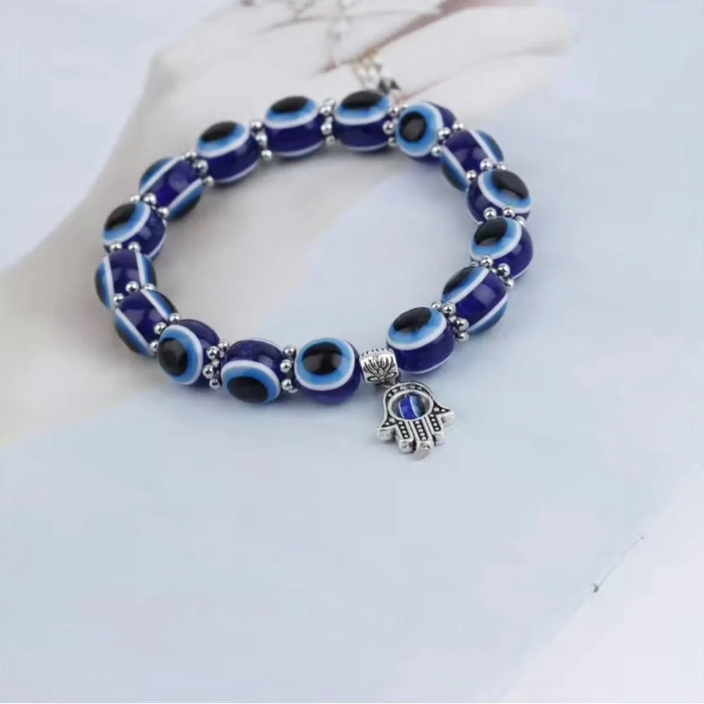 Blue Beaded Evil Eye Stretch Charm Bracelet - Picture 6 of 7